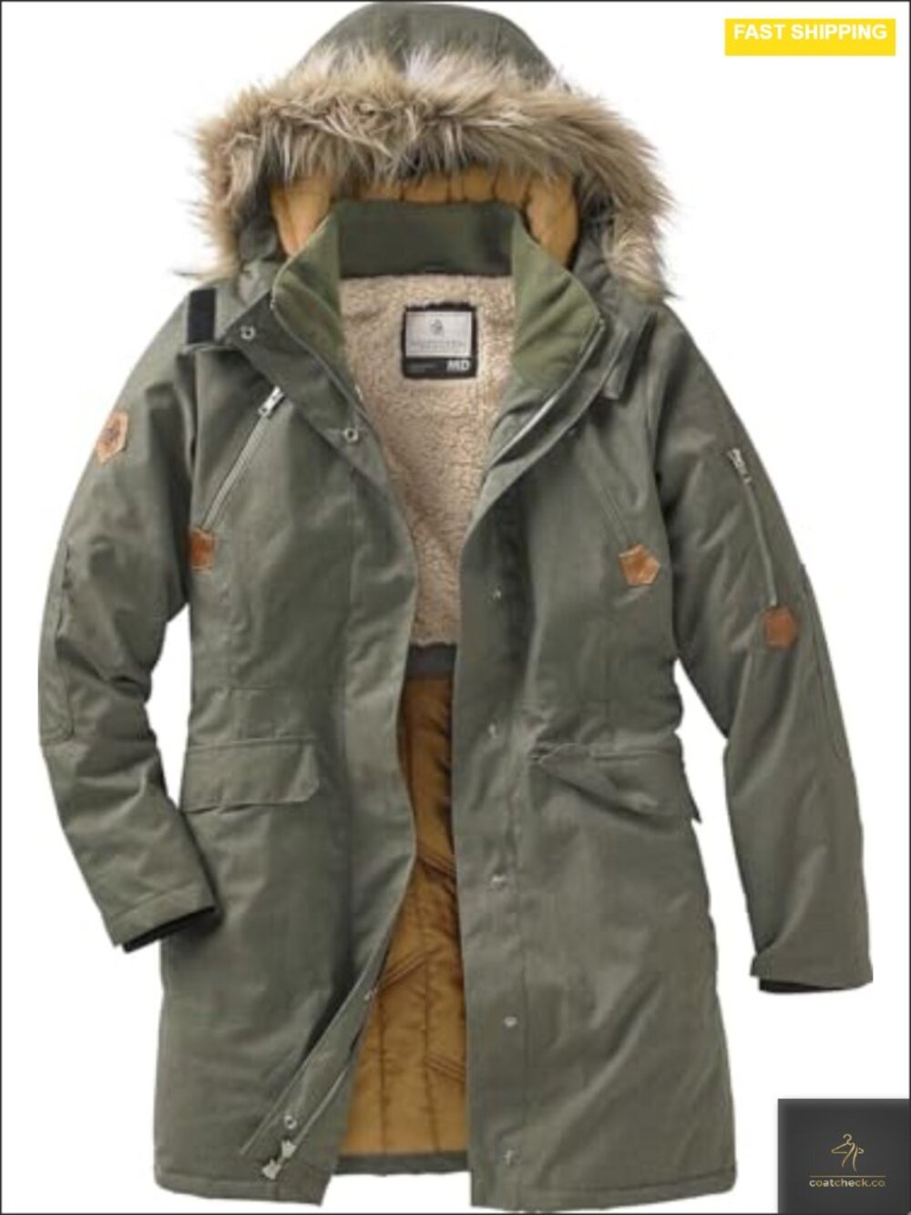 Insulated Parka Coat with Removable Faux Fur Hood, Water Resistant, Sherpa Lined